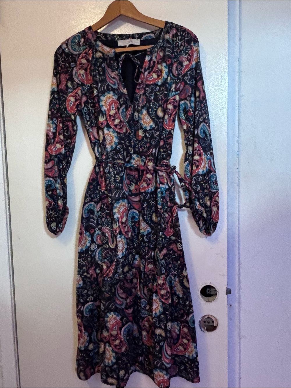 Women’s Paisley Long Sleeve Midi Dress - Black with Multicolor Print